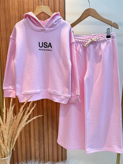 Kız Çocuk Pamuklu Pudra Kapüşonlu Sweatshirt ve Geniş Paça Eşofman Takım – Minimal Rahat Tarz