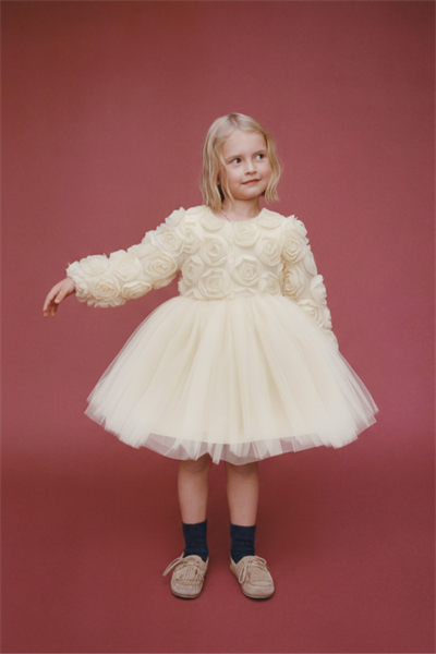 Kız Çocuk Pamuklu Krem Çiçek Desen Aplikeli Tül Elbise - Özel Gün ve Davet Elbisesi