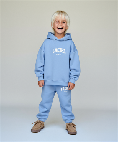 Unisex Çocuk Pamuklu Mavi Laciel Baskılı Kapüşonlu Sweatshirt ve Eşofman Alt Takım