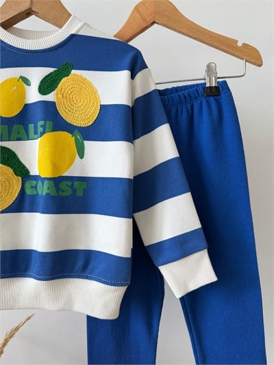 Çocuk Pamuklu Limon Mavi Çizgili Sweatshirt ve Tayt Takımı