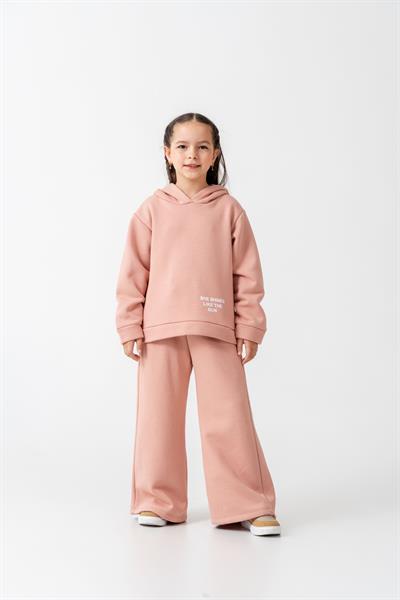 Kız Çocuk Pamuklu Pudra Kapüşonlu Sweatshirt ve Bol Paça Eşofman Takım