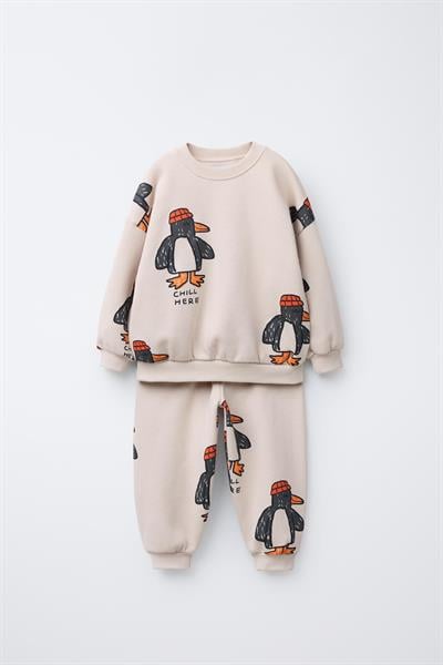 Unisex Çocuk Pamuklu Ekru Penguen Desenli Sweatshirt ve Eşofman Takım
