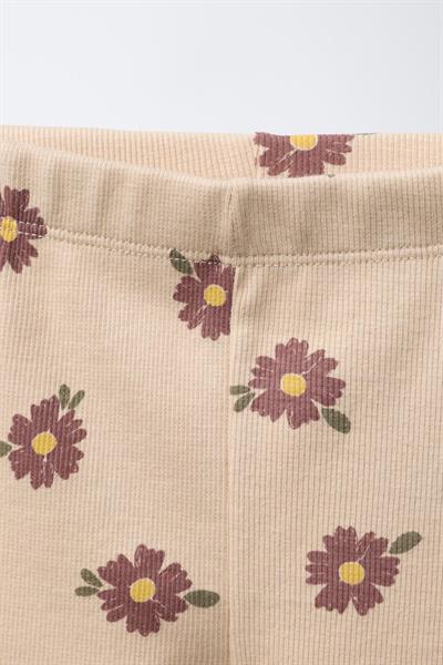 Kız Çocuk Pamuklu Bej Çiçek Desenli Sweatshirt ve Tayt Takımı - Yumuşak Dokulu