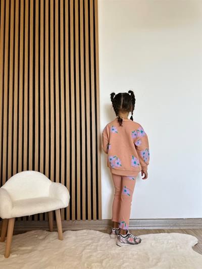 Kız Çocuk Pamuklu Somon Çiçek Desenli Sweatshirt ve Tayt Eşofman Takım