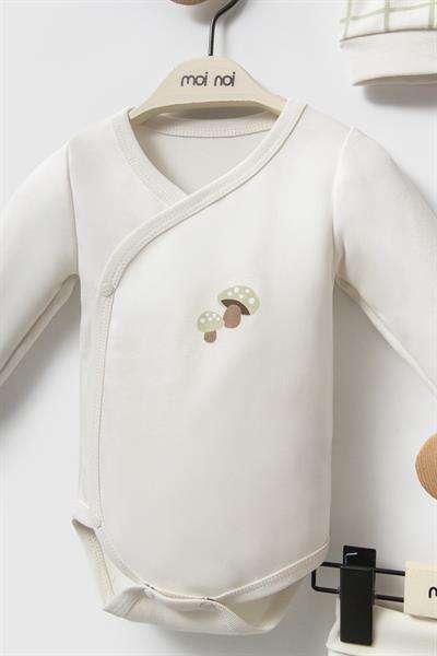 Unisex Bebek Pamuklu Ekru Yeşil Ekose Desenli 3lü Set - Kruvaze Body, Patikli Pantolon ve Şapka