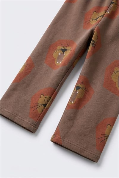 Çocuk Pamuklu Aslan Desenli Kahverengi Sweatshirt ve Eşofman Takımı