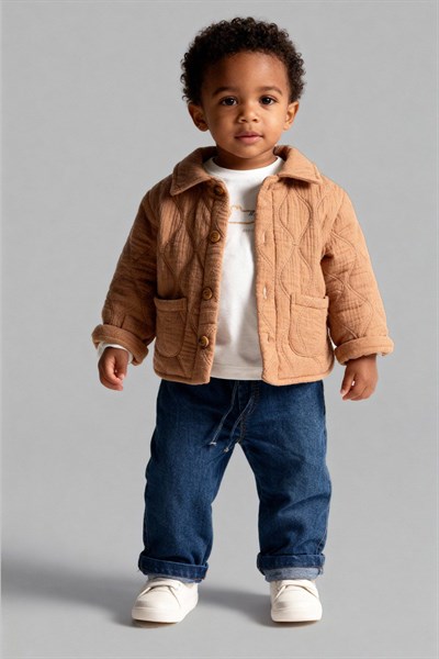 Erkek Çocuk Pamuklu Camel Kapitone Ceket T-Shirt Jean Pantolon Takım