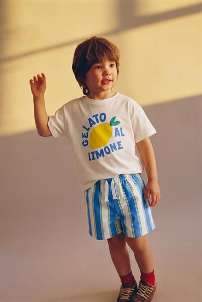 Erkek Çocuk Pamuklu Beyaz Limon Baskılı T-Shirtli Çizgili Şort Takım