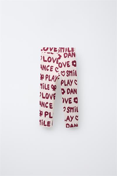 Kız Çocuk Pamuklu Ekru Bordo Yazı Baskılı Sweatshirt ve Tayt Takım - Love Smile Dance