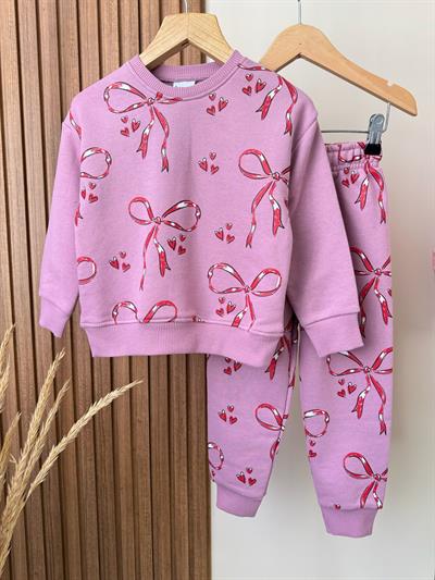 Kız Çocuk Pamuklu Pembe Kurdele Desenli Eşofman Takımı - Kalpli Desenli Sweat ve Alt