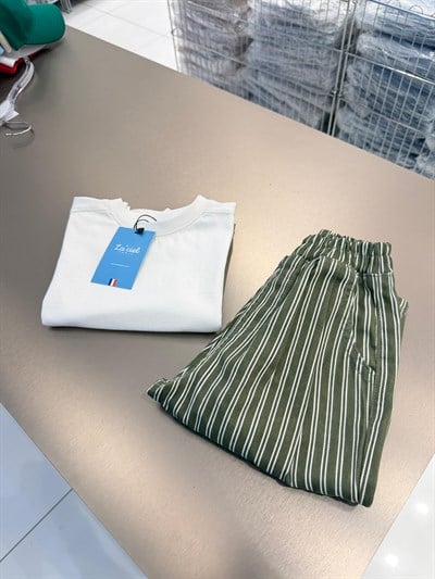 Unisex Çocuk Pamuklu Çizgili Pantolon - Elastik Belli Cepli