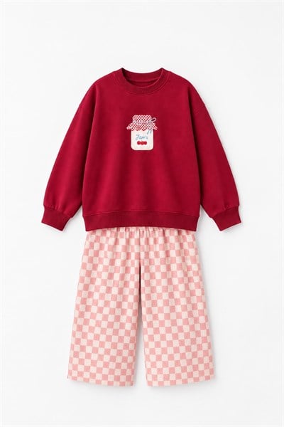 Kız Çocuk Pamuklu Baskılı Bordo Sweatshirt ve Eşofman Takımı