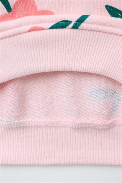 Kız Çocuk Pamuklu Pembe Çiçek Desenli Sweatshirt İspanyol Paça Tayt Takım