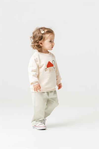 Kız Çocuk Pamuklu Ekru Ev Nakışlı Sweatshirt ve Pantolon Takım