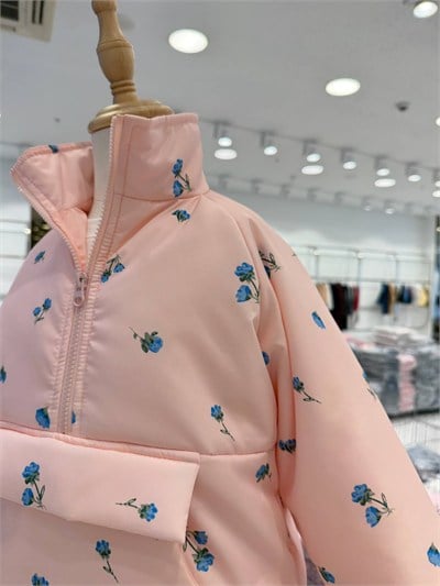 Kız Çocuk Pamuklu Desenli Pembe Yarım Fermuarlı Ceket