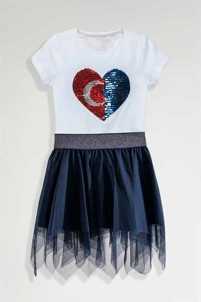 Kız Çocuk Pul Payetli Tüllü Elbise - Kalp Desenli, Kısa Kollu, Şık ve Rahat
