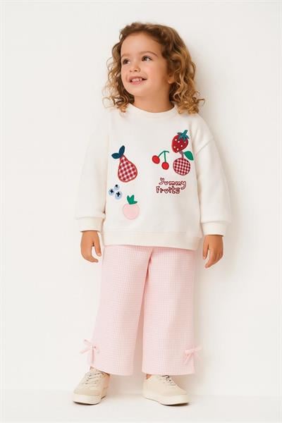Kız Çocuk Pamuklu Ekru Yummy Fruits Sweatshirt ve Pembe Fiyonklu Pantolon Takım - Alt Üst Takım