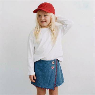 Kız Çocuk Pamuklu Mavi Kiraz Düğmeli Denim Şort Etek