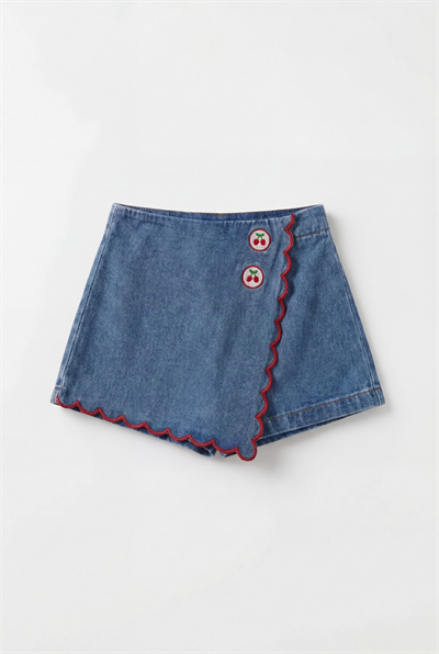Kız Çocuk Pamuklu Mavi Kiraz Düğmeli Denim Şort Etek