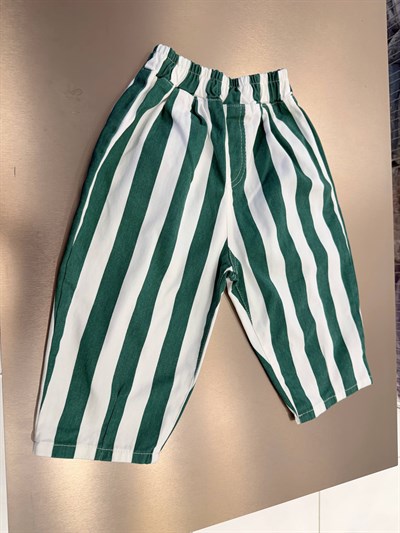 Çocuk Yeşil Beyaz Çizgili Beli Lastikli Pantolon