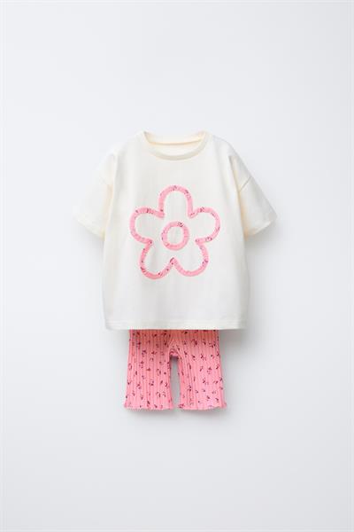 Kız Çocuk Pamuklu Ekru Desenli T-shirt ve Ribana Tayt Takım - Yazlık İki Parça