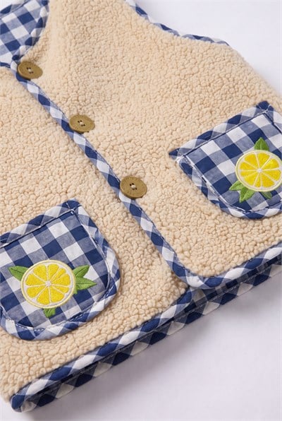 Çocuk Pamuklu Peluş Limon Nakışlı Ekru Lacivert Pötikare Yelek