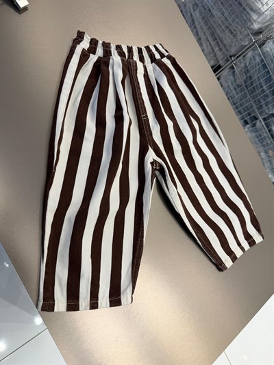 Unisex Oversize Çocuk Pamuklu Kahverengi Çizgili Pantolon - Elastik Belli