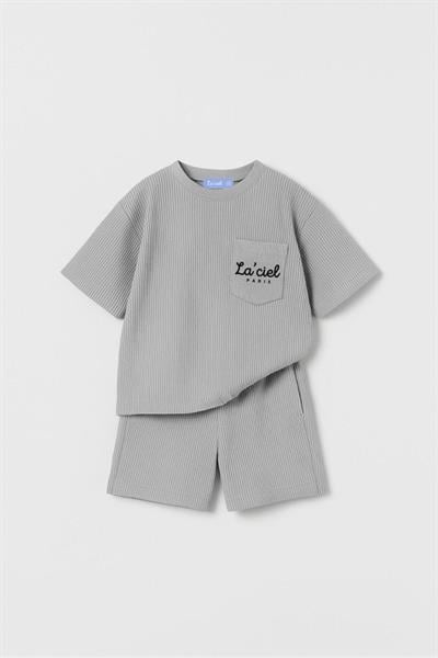 Unisex Çocuk Pamuklu Gri Laciel Yazılı T-shirt ve Şort Takım - Gofre Dokulu