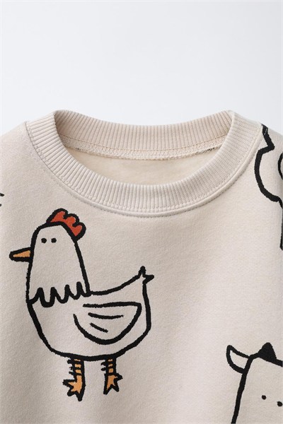 Çocuk Pamuklu Çiftlik Hayvanları Desenli Sweatshirt ve Eşofman Takımı