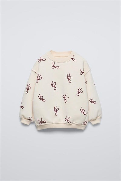 Kız Çocuk  Fiyonk Desenli Ekru Sweatshirt ve Bol Paça Eşofman Takımı