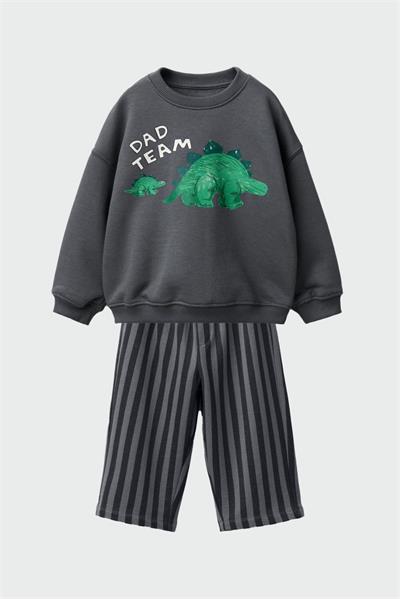 Erkek Çocuk Pamuklu Gri Sevimli Hayvancık Baskılı Sweatshirt - Dad Team Yazılı