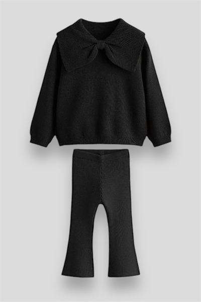 Triko Fiyonk Desenli Kışlık Pamuklu Sweatshirt Tayt Alt-Üst Takım Kız Çocuk 
