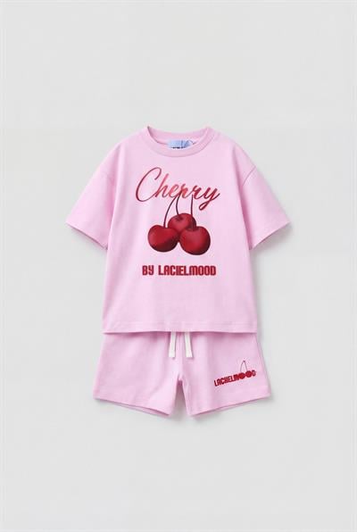 Kız Çocuk Pamuklu Pembe Kiraz Baskılı T-Shirt Şort Takım