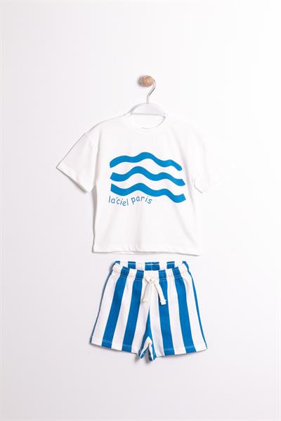 Erkek Çocuk Pamuklu Beyaz LaCiel Paris Baskılı Takım - Dalga Desenli Mavi Çizgili Şort