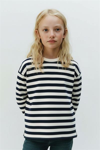 Kız Çocuk Pamuklu Lacivert Çizgili Uzun Kollu Sweatshirt - Rahat Kalıp