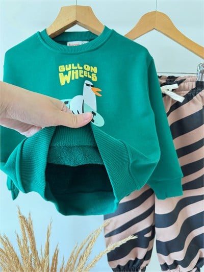 Çocuk Pamuklu Oversize Baskılı Yeşil Sweatshirt ve Desenli Eşofman Altı Takımı