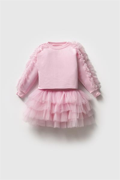 Pembe Pamuklu Fırfırlı Sweatshirt Tüllü Etek Alt-Üst Takım Kız Çocuk