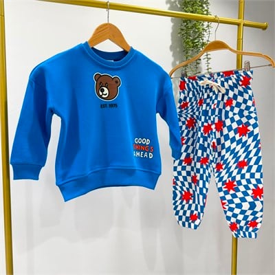 Çocuk Ayıcık Baskılı Mavi Sweatshirt ve Desenli Eşofman Altı Takımı