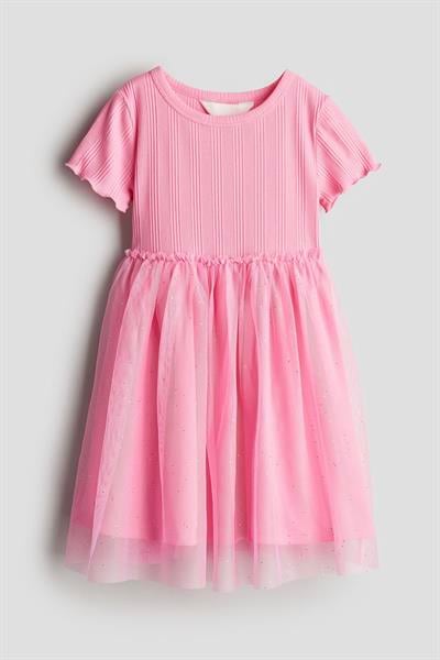 Kız Çocuk Pamuklu Pembe Simli Tüllü Kısa Kollu Elbise – Parti & Günlük Kullanım