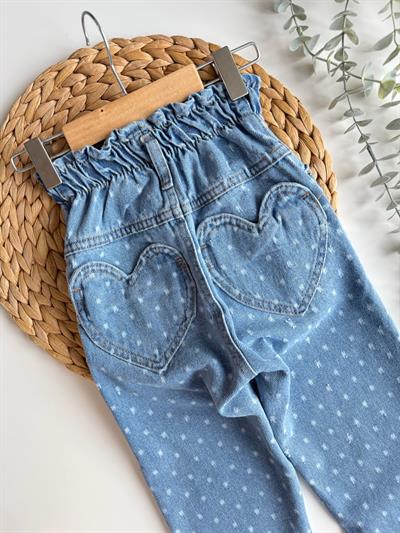 Kız Çocuk Pamuklu Mavi Puantiye Desenli Denim Pantolon – Lastik Belli, Rahat Kesim