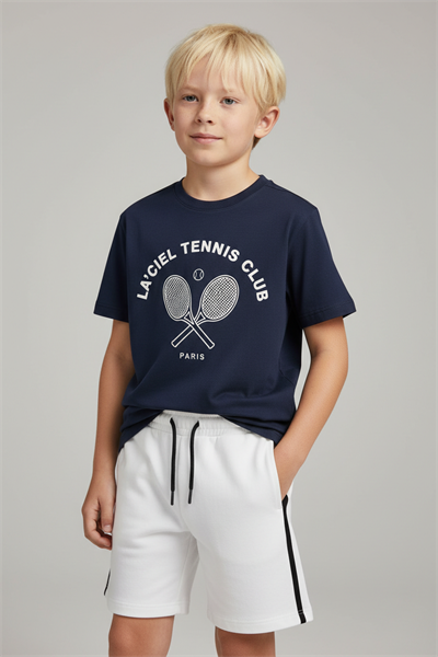 Erkek Çocuk Pamuklu Lacivert Baskılı T-Shirt ve Beyaz Şort Takım
