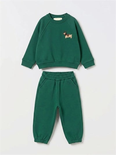 Bebek Pamuklu Köpek Nakışlı Yeşil Sweatshirt ve Eşofman Altı Takımı