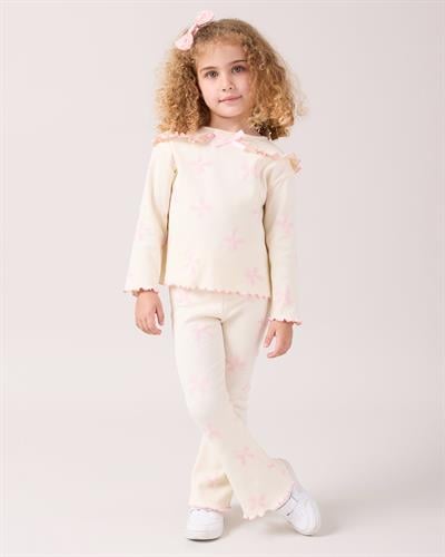 Kız Çocuk Pamuklu Ekru Pembe Fiyonklu Ribana Takım - Uzun Kollu Üst ve İspanyol Paça Alt