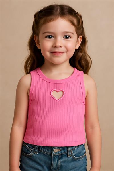 Kız Çocuk Ribana Pamuklu Pembe Kalp Nakışlı Crop T-shirt – Yazlık Rahat Kalıp