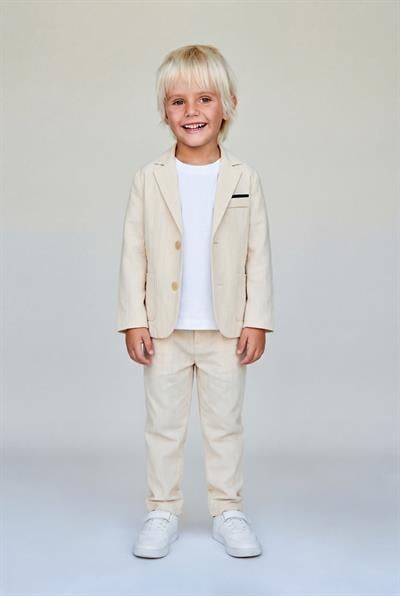 Erkek Çocuk Ekru Çizgili Blazer Ceket Pantolon ve T Shirt Takım