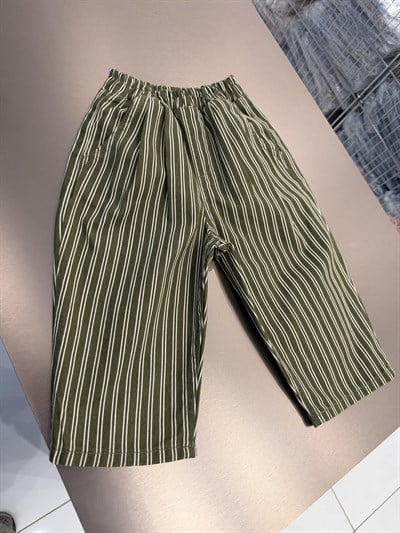 Unisex Çocuk Pamuklu Çizgili Pantolon - Elastik Belli Cepli