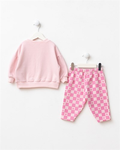Kız Çocuk Kalp Baskılı Pembe Sweatshirt ve Kare Desenli Eşofman Takımı