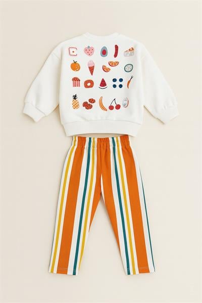 Unisex Çocuk Pamuklu Beyaz Meyve Baskılı Sweatshirt ve Çizgili Pantolon Takım - Renkli Eğlenceli Stil