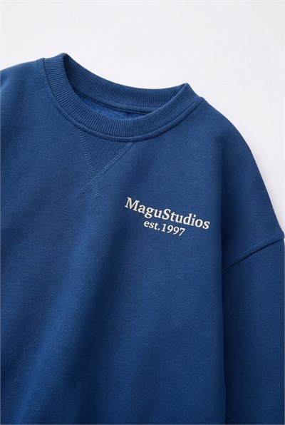 Çocuk Pamuklu Studio Mavi Sweatshirt ve  Desenli Bol Paça Eşofman Takımı
