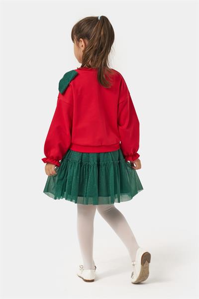 Kız Çocuk Pamuklu Kırmızı Fiyonklu Sweatshirt Yeşil Tüllü Etekli Takım - Şık ve Konforlu Kombin